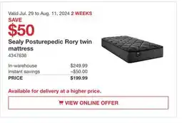 Costco Sealy Posturepedic Rory twin mattress offer
