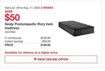 Costco Sealy Posturepedic Rory twin mattress offer