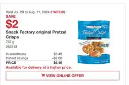 Costco Snack Factory original Pretzel Crisps offer