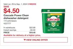 Costco Cascade power Clean dishwasher detergent offer