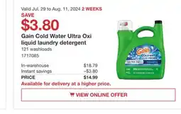 Costco Gain Cold Water Ultra Oxi liquid laundry detergent offer