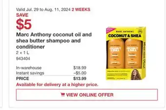 Costco Marc Anthony coconut oil and shea butter shampoo and conditioner offer