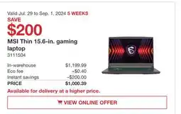 Costco MSI Thin 15.6-in gaming laptop offer
