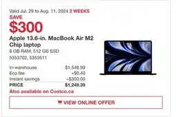 Costco Apple 13.6-in. MacBook Air M2 Chip laptop offer