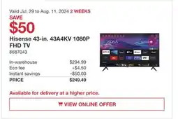 Costco Hisense 43 in 43A4KV 1080P FHD TV offer