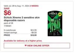Costco Schick Xtreme 3 sensitive skin disposable razors offer