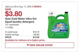 Costco Gain Cold Water Ultra Oxi liquid laundry Detergent 121 washloads offer