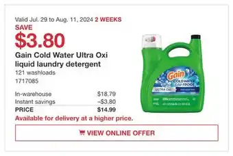 Costco Gain Cold Water Ultra Oxi liquid laundry Detergent 121 washloads offer