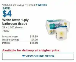 Costco White Swan 1-ply bathroom tissue offer