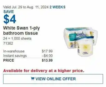 Costco White Swan 1-ply bathroom tissue offer