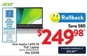 Walmart Acer Aspire 1 A115-32 15.6 Laptop offer