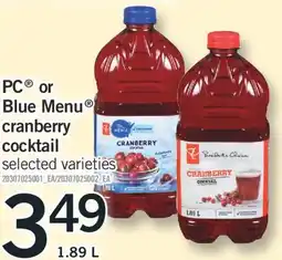 Fortinos PC OR BLUE MENU CRANBERRY COCKTAIL, 1.89 L offer