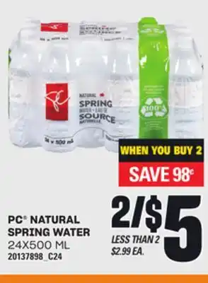 Loblaws PC NATURAL SPRING WATER, 24 x 500 ML offer