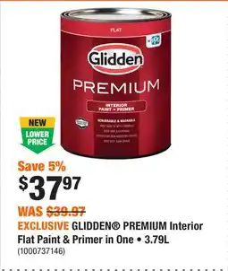 Home Depot EXCLUSIVE GLIDDEN PREMIUM Interior Flat Paint & Primer in One • 3.79L offer