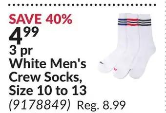 Princess Auto 3 pr White Men's Crew Socks, Size 10 to 13 offer