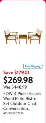 Walmart FDW 3-Piece Acacia Wood Patio Bistro Set Outdoor Chat Conversation Table Chair Set with Water Resistant Cushions and Coffee T offer