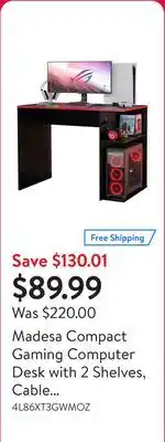 Walmart Madesa Compact Gaming Computer Desk with 2 Shelves, Cable Management and Large Monitor Stand, Wood offer