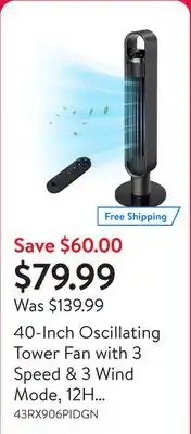 Walmart 40-Inch Oscillating Tower Fan with 3 Speed & 3 Wind Mode, 12H Timer, 120° Oscillation Quiet Cooling Standing Floor Fan for Be offer