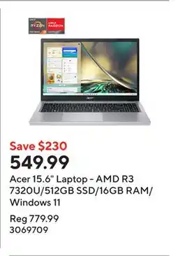 Staples Acer 15.6 Laptop - AMD R3 7320U/512GB SSD/16GB RAM/Windows 11 offer