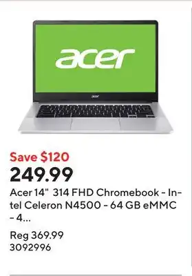 Staples Acer 14 314 FHD Chromebook - Intel Celeron N4500 - 64 GB eMMC - 4 GB RAM - Chrome OS - Pure Silver offer