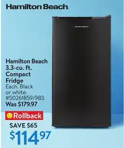 Walmart Hamilton Beach 3.3-cu. ft. Compact Fridge offer