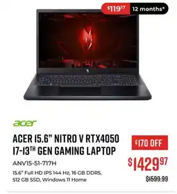 Canex ACER 15.6 NITRO V RTX4050 I7-13TH GEN GAMING LAPTOP offer