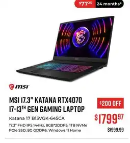 Canex MSI 17.3 KATANA RTX4070 I7-13TH GEN GAMING LAPTOP offer
