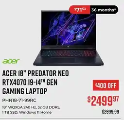 Canex ACER 18 PREDATOR NEO RTX4070 I9 14TH GEN GAMING LAPTOP offer
