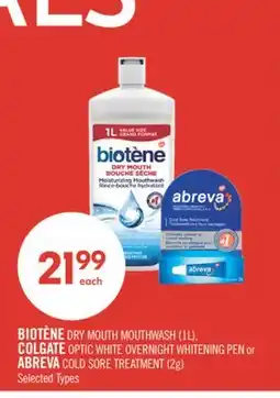 Shoppers Drug Mart BIOTENE DRY MOUTH MOUTHWASH (1L), COLGATE OPTIC WHITE OVERNIGHT WHITENING PEN or ABREVA COLD SORE TREATMENT (2g) offer