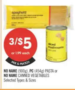 Shoppers Drug Mart NO NAME (900g) PC (454g) PASTA or NO NAME CANNED VEGETABLES offer
