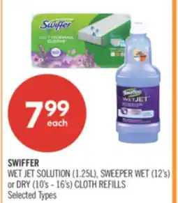 Shoppers Drug Mart SWIFFER WET JET SOLUTION (1.25L), SWEEPER WET (12's) or DRY (10's - 16's) CLOTH REFILLS offer