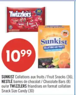 Pharmaprix SUNKIST Collations Fruit Snacks (36), NESTLÉ Chocolate Bars (8) or TWIZZLERS Snack Size Candy (30) offer