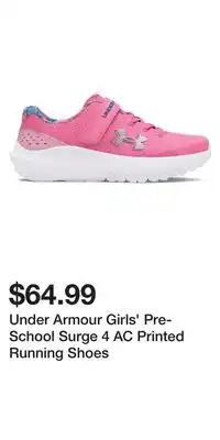 Sport Chek Under Armour Girls' Pre-School Surge 4 AC Printed Running Shoes offer