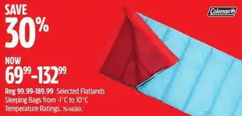 Canadian Tire Coleman Selected Flatlands Sleeping Bags from -1°C to 10°C Temperature Ratings offer