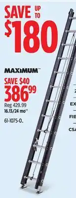 Canadian Tire MAXIMUM Grade 1 Fiberglass Extension Ladder, 250-lb, 24-ft offer