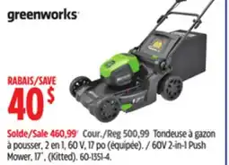 Canadian Tire GREENWORKS 60V 2-in-1 Push Mower, 17˝, (Kitted) offer