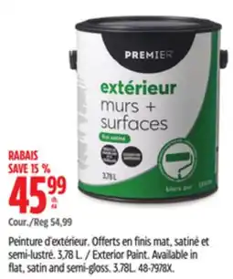 Canadian Tire Premier Exterior Paint. Available in flat, satin and semi-gloss. 3.78L offer