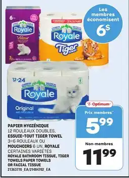 Provigo PAPIER HYGIÉNIQUE, 1212 ROULEAUX DOUBLES, ESSUIE-TOUT TIGER TOWEL, 3=6 ROULEAUX OU MOUCHOIRS, 6 UN. ROYALE offer