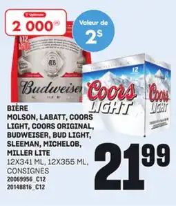 Provigo BIÈRE MOLSON, LABATT, COORS LIGHT, COORS ORIGINAL, BUDWEISER, BUD LIGHT, SLEEMAN, MICHELOB, MILLER LITE, 12X341 ML, 12X355 ML offer