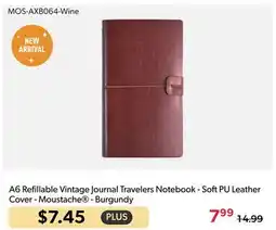 123Ink A6 Refillable Vintage Journal Travelers Notebook - Soft PU Leather Cover - Moustache - Burgundy offer