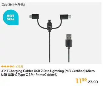 Primecables 3 in1 Charging Cables USB 2.0 to Lightning (MFi Certified) Micro USB USB-C Type C 3Ft - PrimeCables offer