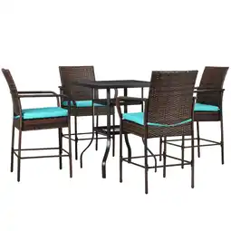 Best Buy Outsunny 5-Piece Wicker Patio Bar Table Set with Cushions, Outdoor PE Rattan Dining Bar Set with Parasol Umbrella Hole Metal offer