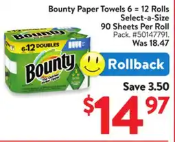 Walmart Bounty Paper Towels, 6 -12 Rolls Select A Size 90 Sheets Per Roll offer