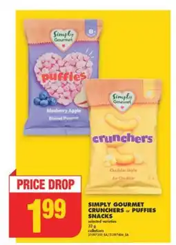 No Frills SIMPLY GOURMET CRUNCHERS or PUFFIES SNACKS, 32 g offer