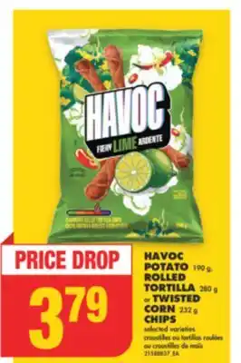 No Frills HAVOC POTATO 190 g, ROLLED TORTILLA 280 g or TWISTED CORN 232 g CHIPS offer