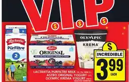Food Basics LACTANTIA PURFILTRE MILK 1%, 2%, SKIM, ASTRO ORIGINAL YOGURT OR OLYMPIC KREMA YOGURT offer