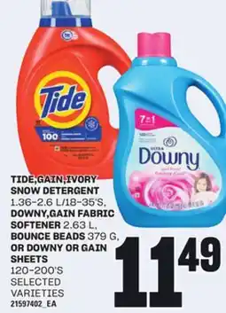 Loblaws TIDE, GAIN, IVORY SNOW DETERGENT 1.36-2.6 L/18-35'S, DOWNY,GAIN FABRIC 2.63 L, BOUNCE BEADS 379 G, OR DOWNY OR GAIN 120-200'S offer