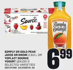 Loblaws SIMPLY OR GOLD PEAK JUICE OR DRINK, 2.63 L OR YOPLAIT SOURCE YOGURT, 16X100 G offer