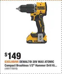 Home Depot EXCLUSIVE DEWALT 20V MAX ATOMIC Compact Brushless 1/2 Hammer Drill Kit • (1) 2Ah Battery and Charger offer