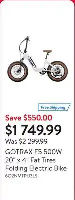 Walmart GOTRAX F5 500W 20 x 4 Fat Tires Folding Electric Bike offer